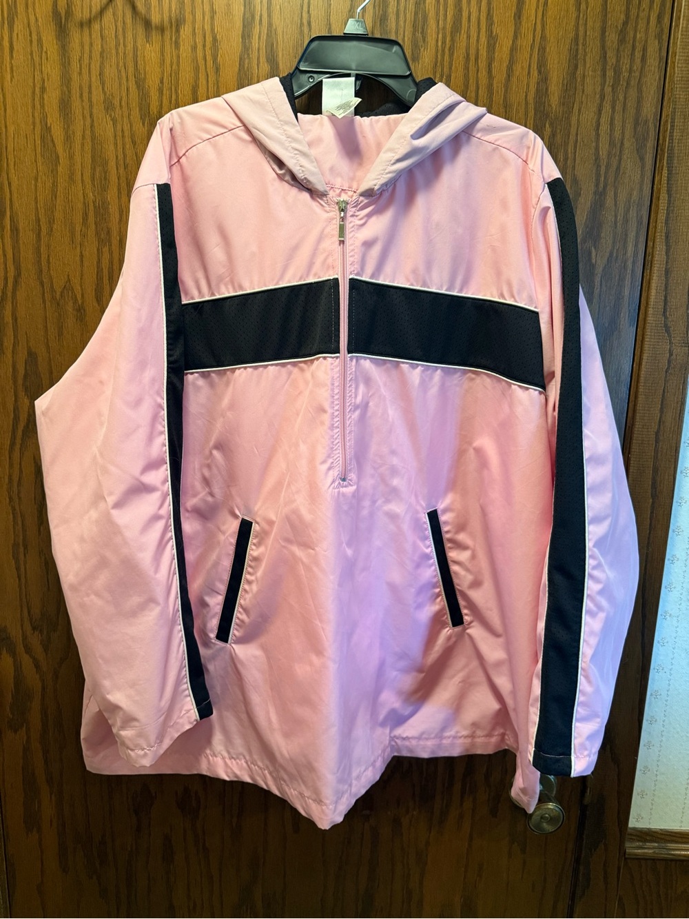 Pink Hooded Windbreaker with Black Stripe Detail
